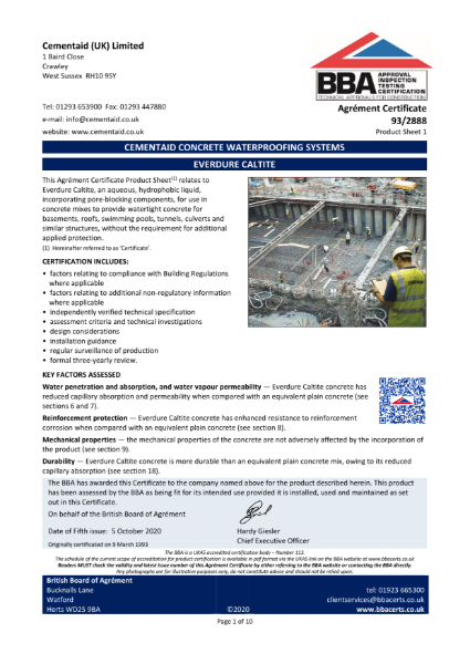 Cementaid Concrete Waterproofing Systems - Everdure Caltite: Agrément Certificate 93/2888