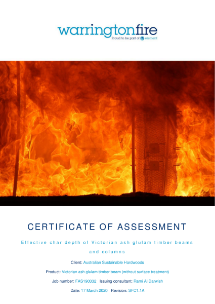 Warringtonfire Aus Pty Ltd: Certificate of Assessment - Effective char depth of Victorian Ash Glulam timber beams and columns