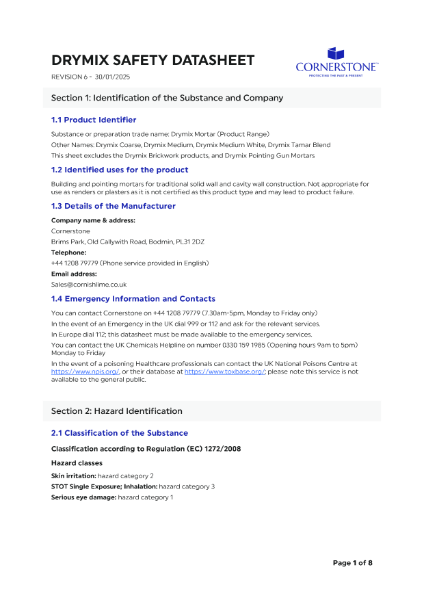 Cornerstone Drymix - Safety Datasheet