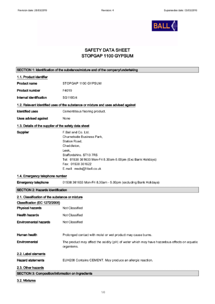 Stopgap 1100 Gypsum SDS
