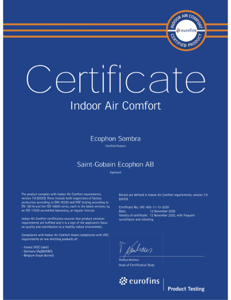 Ecophon Eurofins Certificate - Sombra - Indoor Air Comfort - November 2025