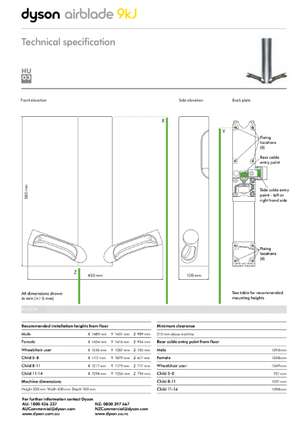 Technical specification - Dyson Airblade 9KJ