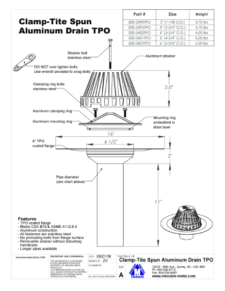 TECHNICAL DRAWING - CLAMP-TITE SPUN ALUMINUM DRAIN - TPO