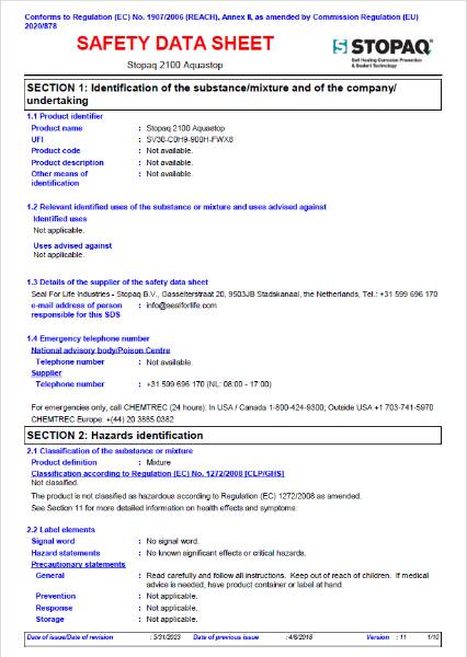 Stopaq 2100 Aquastop - Safety Data Sheet