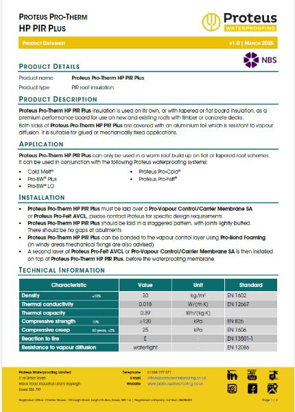 Product Data Sheet - Proteus Pro-Therm HP PIR Plus