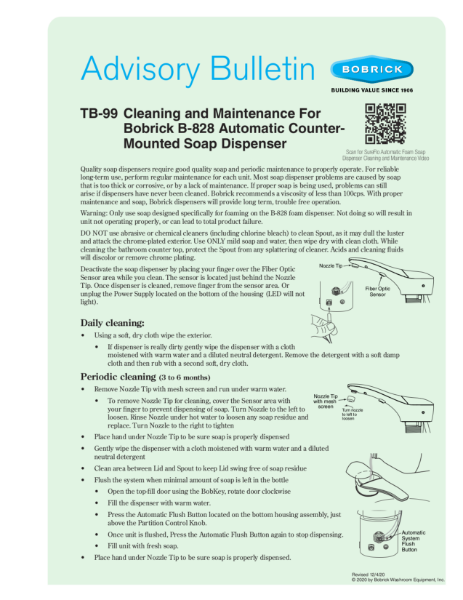 Advisory Bulletin - TB-99 Cleaning and Maintenance For Bobrick B-828 Automatic Counter-Mounted Soap Dispenser
