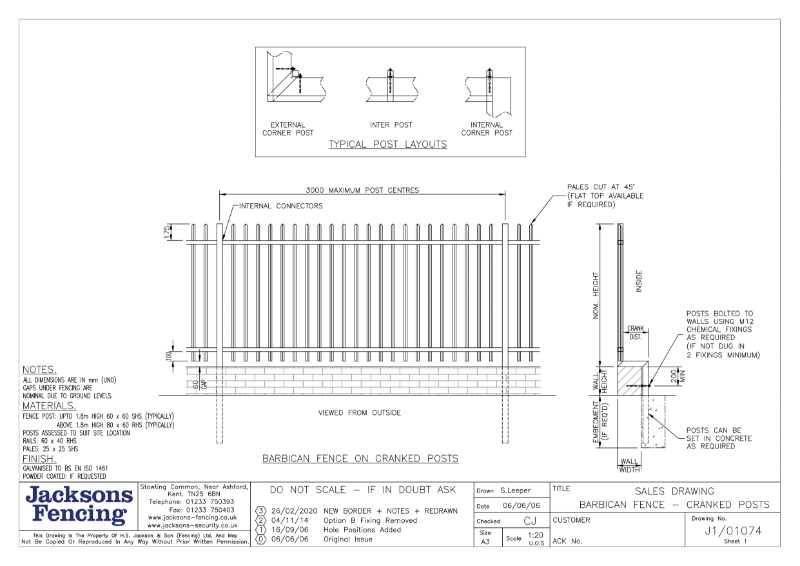 Drawing - Barbican fence cranked posts