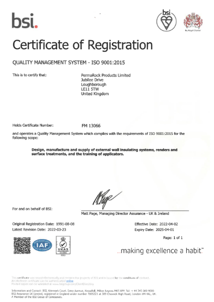 PermaRock BSI ISO 9001 Quality Management Certificate