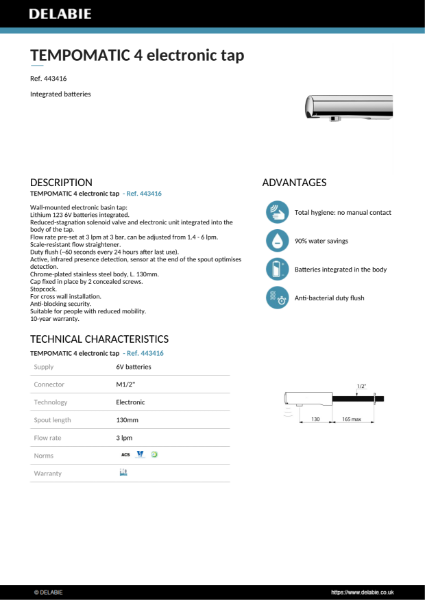 TEMPOMATIC 4 electronic tap Data sheet – 443416