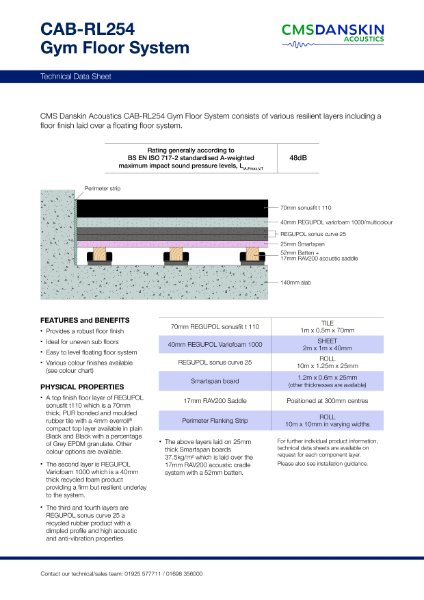 CMS Danskin Acoustics Gym Floor System CAB-RL254 – Product Data Sheet