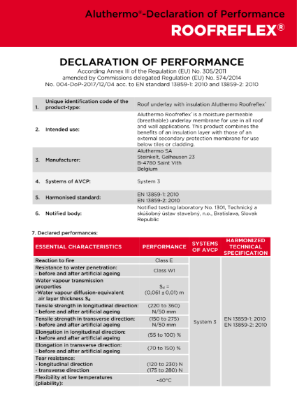 Aluthermo Roofreflex Declaration of Performance