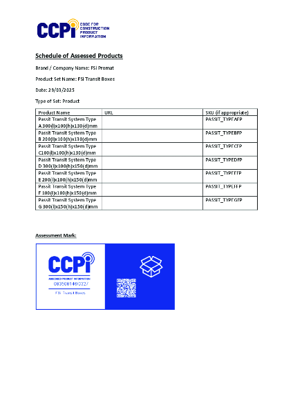FSi Transit Boxes Schedule of Assessed Products CCPI