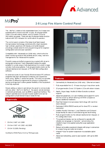 Datasheet - MxPro 5 Fire Alarm Control Panel 2-8 Loops