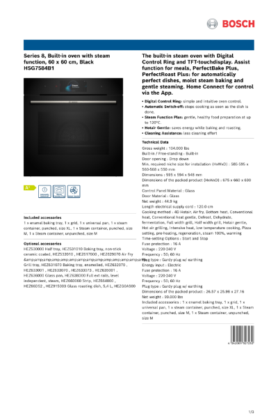 Series 8, Built-in oven with steam
function, 60 x 60 cm, Black
HSG7584B1