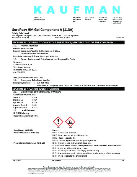 SurePoxy HM Gel Safety Data Sheet - Component A