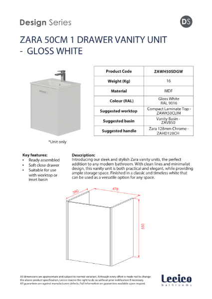 Zara 50 cm 1 Drawer Wall Hung Vanity Unit - Gloss White