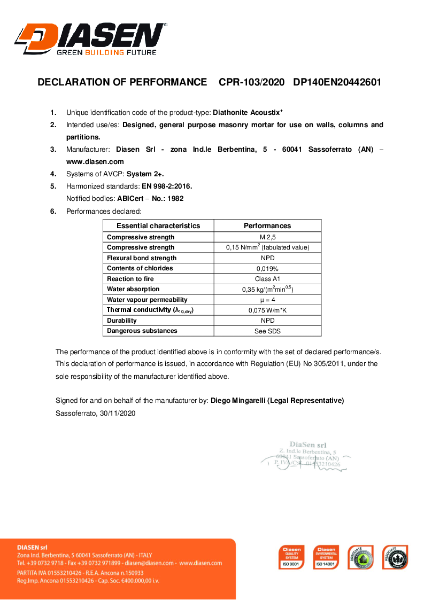 Diasen Diathonite Acoustix Plus Declaration of Performance (DOP) EN 998-2 (CE)