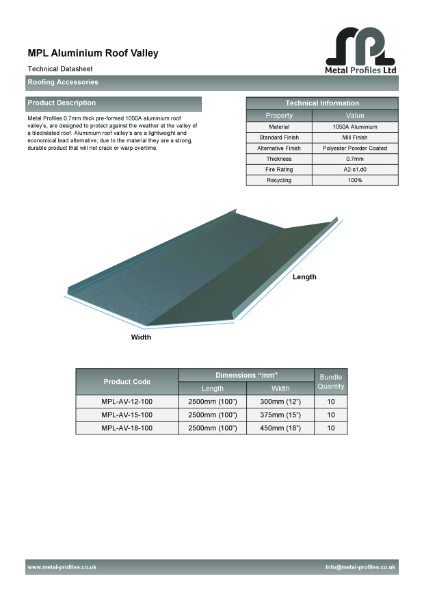 Metal Profiles - Aluminium Roof Valley TDS