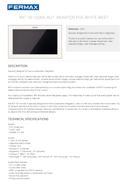 WIT 10'' IP Touch Screen Internal monitor - High End Data Sheet