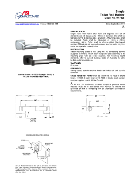 Single Toilet Roll Holder Specification Sheet