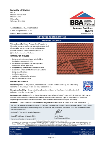 Metrotile Roman BBA Certificate