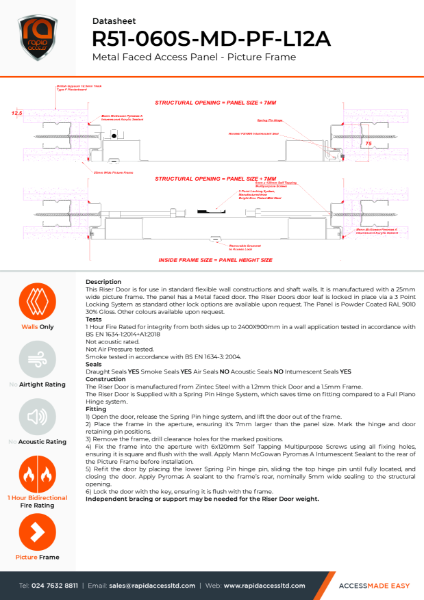 Datasheet - Metal Faced Riser Door Picture Frame 1 Hour Fire Rated Smoke Tested - R51-060S-MD-PF-L12A