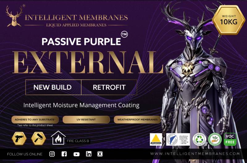 Passive Purple External: Ultimate Class B Fire Rated Internal & External Airtight Waterproof Membrane - Spray Applied Liquid Facade Membrane