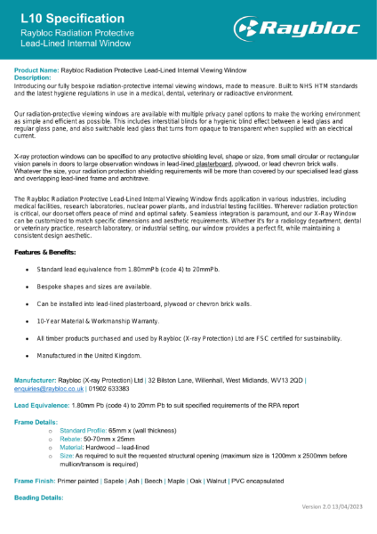 Raybloc Radiation Protective Lead-Lined Internal Window - Specification