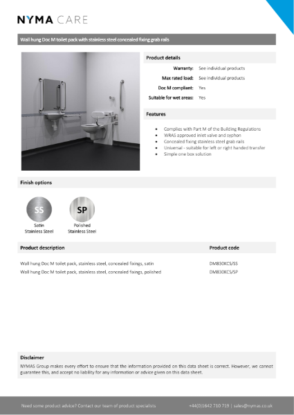 NymaCARE Wall hung Doc M toilet pack with stainless steel concealed fixing grab rails