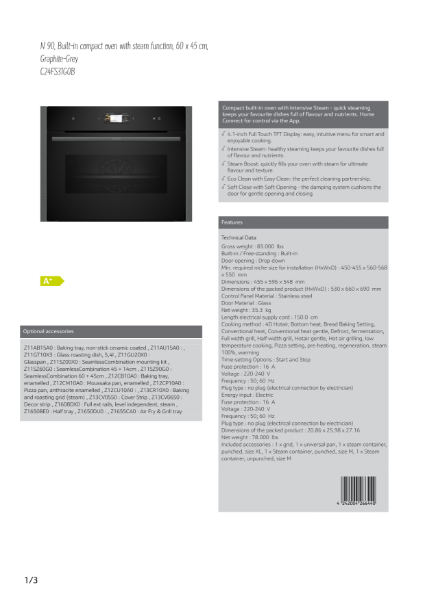 Compact 45cm Steam Ovens Graphite grey trim C24FS31G0B, Datasheet