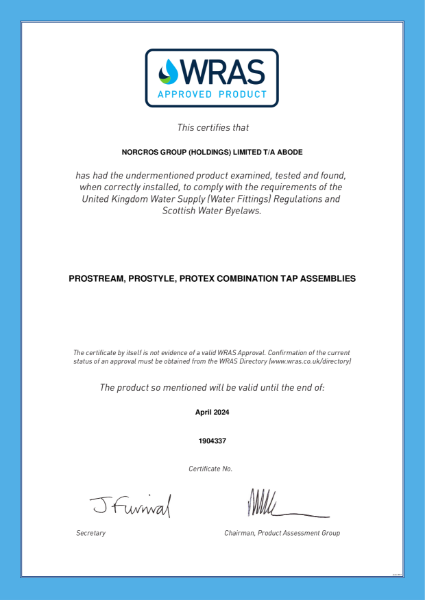WRAS Certificate - Pronteau Prostream & Prostyle 3 IN 1 Hot Water Tap
