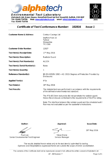 IP3X Grille Rating Certificate