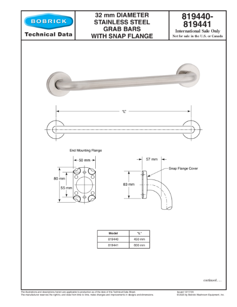 32 mm diameter stainless steel grab bars with snap flange