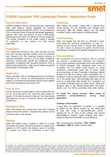 Application Guide CASEA Casuplast 1200 - Lightweight One Coat Gypsum Plaster