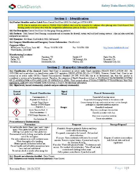 SDS For ASTM A1003 Steel Framing Products