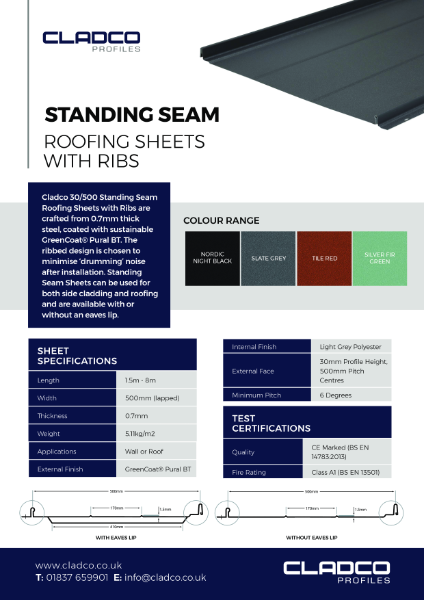 Cladco Standing Seam Steel Roofing & Cladding (With Ribs) Data Sheet