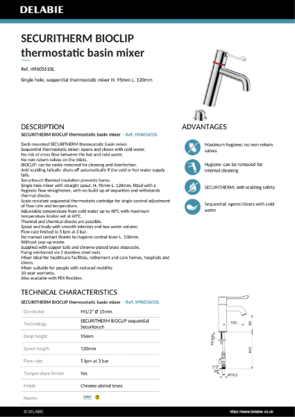 SECURITHERM BIOCLIP thermostatic basin mixer, short lever Data Sheet - H9605610L