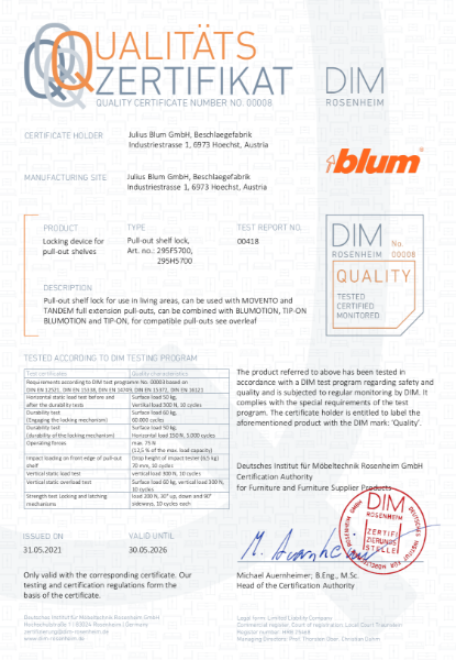 Pull-out shelf lock DIM-Certificate