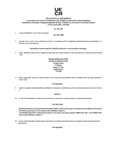 DECLARATION OF PERFORMANCE - BAL Level Max