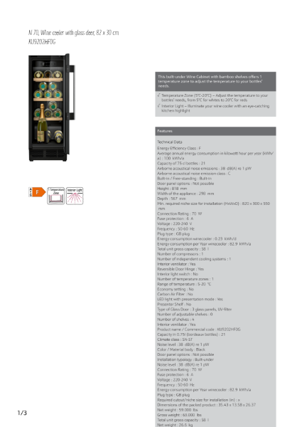 N 70, Wine cooler with glass door, 82 x 30 cm
KU9202HF0G