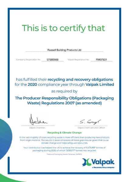 Valpak packaging compliance certificate