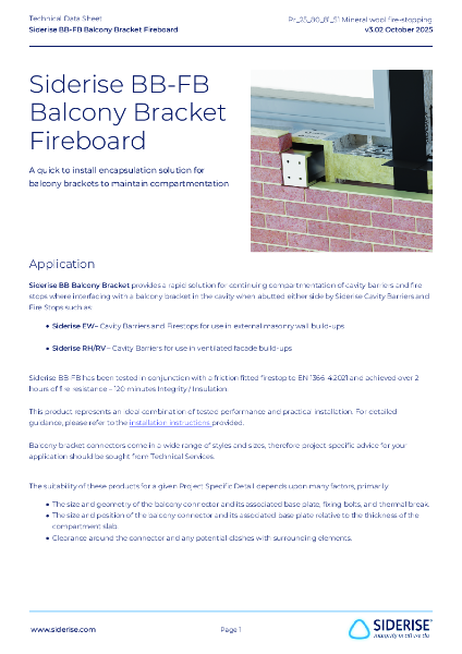 Siderise BB Balcony Bracket Fireboard TDS