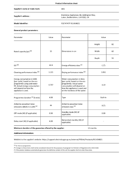 FSE74747P - Product Information Sheet