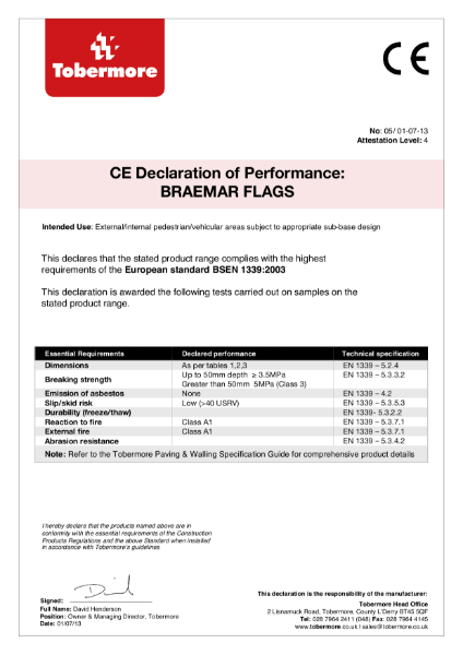 Braemar Flags CE. European Standard BSEN 1339:2003