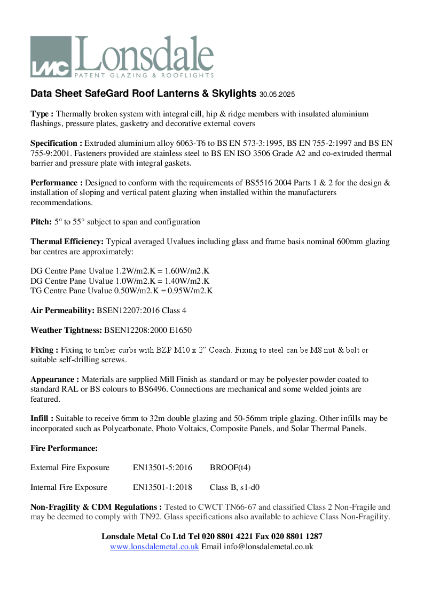 Datasheet SafeGard Roof Lanterns & Skylights 30.05.2025 - Product Data Sheet