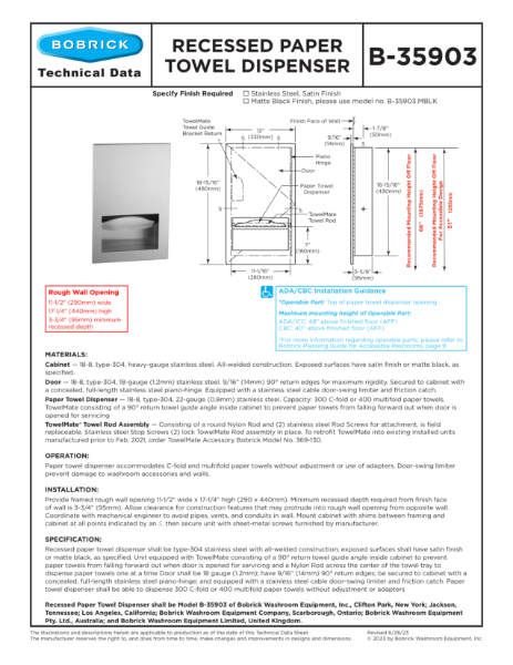 B-35903 Recessed Paper Towel Dispenser