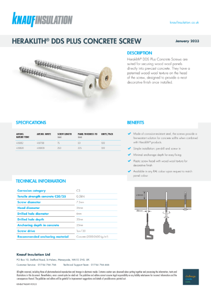 Knauf Insulation Heraklith® DDS Plus Concrete Screw - Product Datasheet