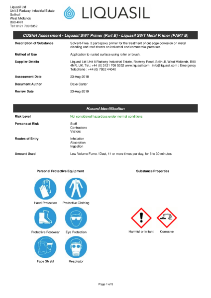 Liquasil SWT (Surface & Wet Tolerant) Primer Part B. Component for use in Liquasil's cut edge corrosion treatment. COSSH Assessment