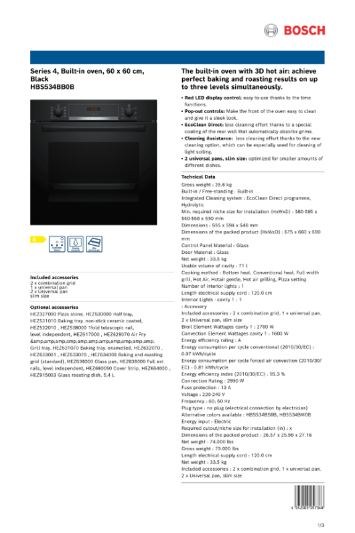 Series 4, Built-in oven, 60 x 60 cm,
Black
HBS534BB0B