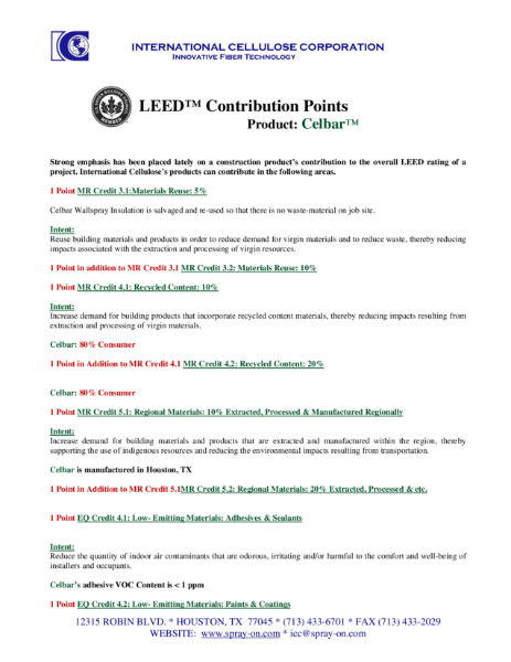 Celbar acoustic thermal insulation LEED Contribution Points